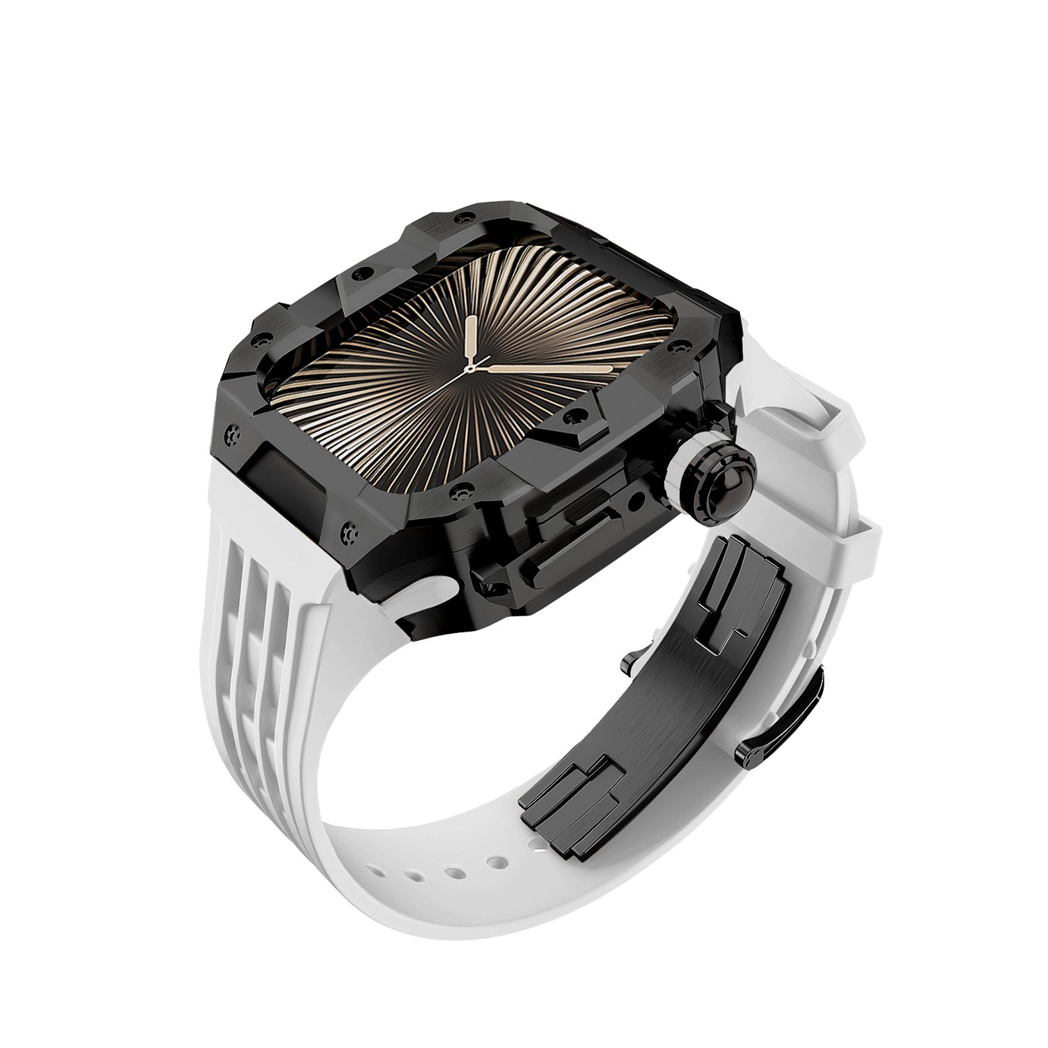 Black and white watch with a unique design on a white background